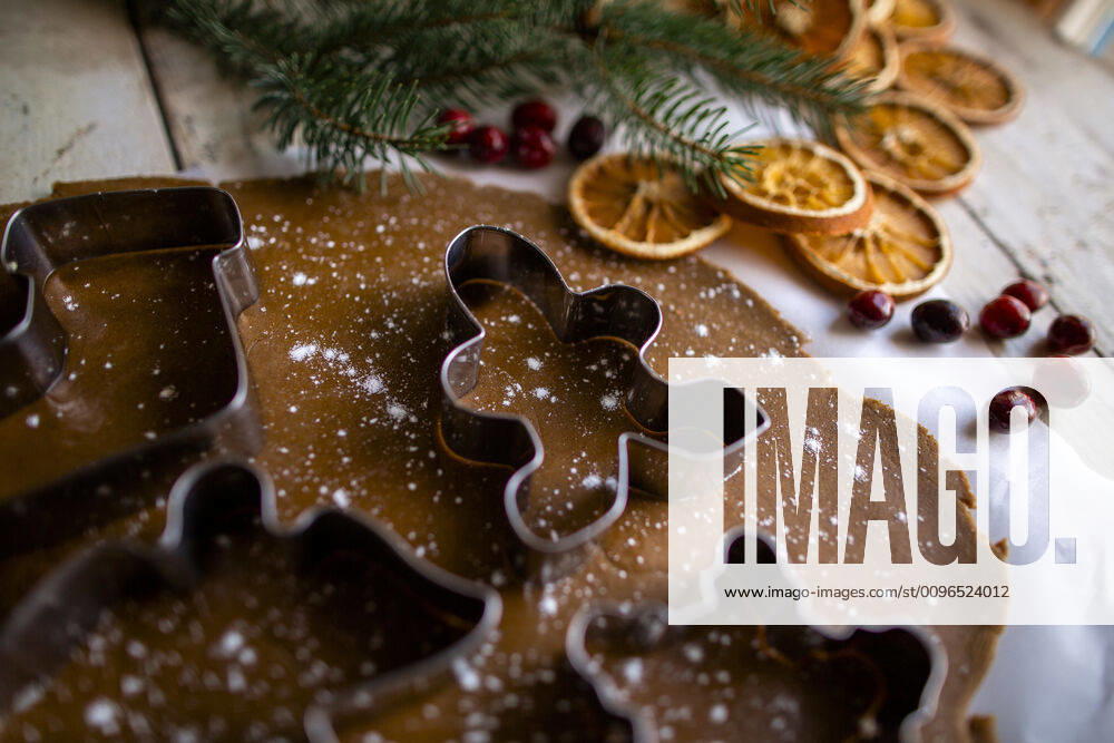 Festive gingerbread high side angle shot of cookie cutter on dough De Motte, IN, United States CR_CHSI200103-265593-01