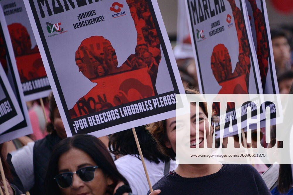 National Struggle Day protest in Mexico MEXICO CITY, MEXICO - JANUARY 31: Demonstrators take part during a march called National Struggle Day to protest for labor equality and demand labor rights and demand a job stability program during the demonstration, integrants of Union of Telephone Operators of the Mexican Republic, National Workers Union, Mexican Union of Electricians, Independent Workers Union of the Autonomous Metropolitan University participating to demand from the Federal Government a change of economic, political and social course for the country; as well as a dialogue around the Alternative Nation Project. at Reforma Avenue on January 31, 2020 in Mexico City, Mexico
