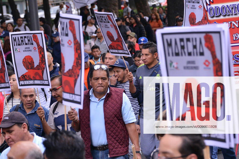 National Struggle Day protest in Mexico MEXICO CITY, MEXICO - JANUARY 31: Demonstrators take part during a march called National Struggle Day to protest for labor equality and demand labor rights and demand a job stability program during the demonstration, integrants of Union of Telephone Operators of the Mexican Republic, National Workers Union, Mexican Union of Electricians, Independent Workers Union of the Autonomous Metropolitan University participating to demand from the Federal Government a change of economic, political and social course for the country; as well as a dialogue around the Alternative Nation Project. at Reforma Avenue on January 31, 2020 in Mexico City, Mexico