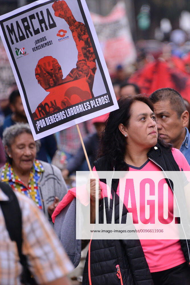 National Struggle Day protest in Mexico MEXICO CITY, MEXICO - JANUARY 31: Demonstrators take part during a march called National Struggle Day to protest for labor equality and demand labor rights and demand a job stability program during the demonstration, integrants of Union of Telephone Operators of the Mexican Republic, National Workers Union, Mexican Union of Electricians, Independent Workers Union of the Autonomous Metropolitan University participating to demand from the Federal Government a change of economic, political and social course for the country; as well as a dialogue around the Alternative Nation Project. at Reforma Avenue on January 31, 2020 in Mexico City, Mexico