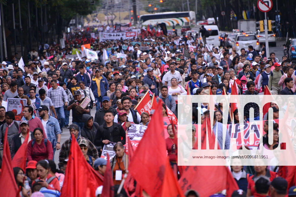 National Struggle Day protest in Mexico MEXICO CITY, MEXICO - JANUARY 31: Demonstrators take part during a march called National Struggle Day to protest for labor equality and demand labor rights and demand a job stability program during the demonstration, integrants of Union of Telephone Operators of the Mexican Republic, National Workers Union, Mexican Union of Electricians, Independent Workers Union of the Autonomous Metropolitan University participating to demand from the Federal Government a change of economic, political and social course for the country; as well as a dialogue around the Alternative Nation Project. at Reforma Avenue on January 31, 2020 in Mexico City, Mexico