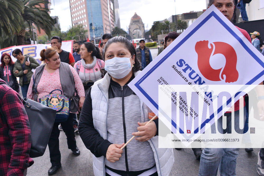 National Struggle Day protest in Mexico MEXICO CITY, MEXICO - JANUARY 31: Demonstrators take part during a march called National Struggle Day to protest for labor equality and demand labor rights and demand a job stability program during the demonstration, integrants of Union of Telephone Operators of the Mexican Republic, National Workers Union, Mexican Union of Electricians, Independent Workers Union of the Autonomous Metropolitan University participating to demand from the Federal Government a change of economic, political and social course for the country; as well as a dialogue around the Alternative Nation Project. at Reforma Avenue on January 31, 2020 in Mexico City, Mexico