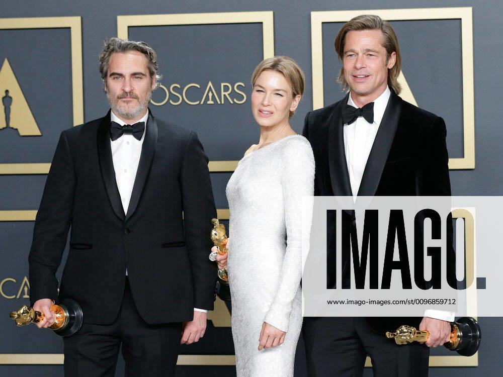 (L-R) Joaquin Phoenix, winner of Best Actor in a Leading Role for Joker, Renée Zellweger, winner of Best Actress in a Leading Role for Judy, and Brad Pitt, winner of Best Actor in a Supporting Role for Once Upon A Time In Hollywood, appear backstage with their Oscars during the 92nd annual Academy Awards at Loews Hollywood Hotel in the Hollywood section of Los Angeles on Sunday, February 9, 2020. LAP20200209856 JOHNxANGELILLO