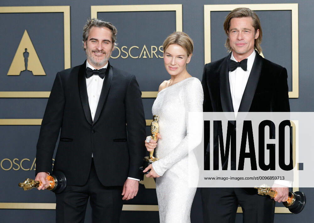 (L-R) Joaquin Phoenix, winner of Best Actor in a Leading Role for Joker, Renée Zellweger, winner of Best Actress in a Leading Role for Judy, and Brad Pitt, winner of Best Actor in a Supporting Role for Once Upon A Time In Hollywood, appear backstage with their Oscars during the 92nd annual Academy Awards at Loews Hollywood Hotel in the Hollywood section of Los Angeles on Sunday, February 9, 2020. LAP20200209857 JOHNxANGELILLO