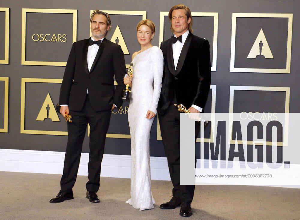 Joaquin Phoenix, Renee Zellweger and Brad Pitt, the actors and prizewinners of the winner Photocall at the 92 Academy Awards Oscars on 9 02 220 at the Press Room in Hollywood, Los Angeles 92th Annual Academy Awards Press Room Winners Photocall