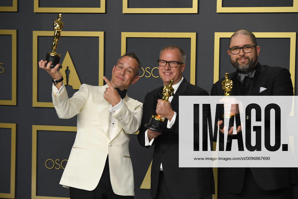 Producers JOSH COOLEY, MARK NELSON AND JONAS RIVERA pose with their Oscars for best animated film for Toy Story 4 in the Press Room during the 92nd Academy Awards, presented by the Academy of Motion Picture Arts and Sciences (AMPAS), at the Dolby Theatre in Hollywood. Los Angeles USA - ZUMAz03_ 20200209_zbp_z03_135