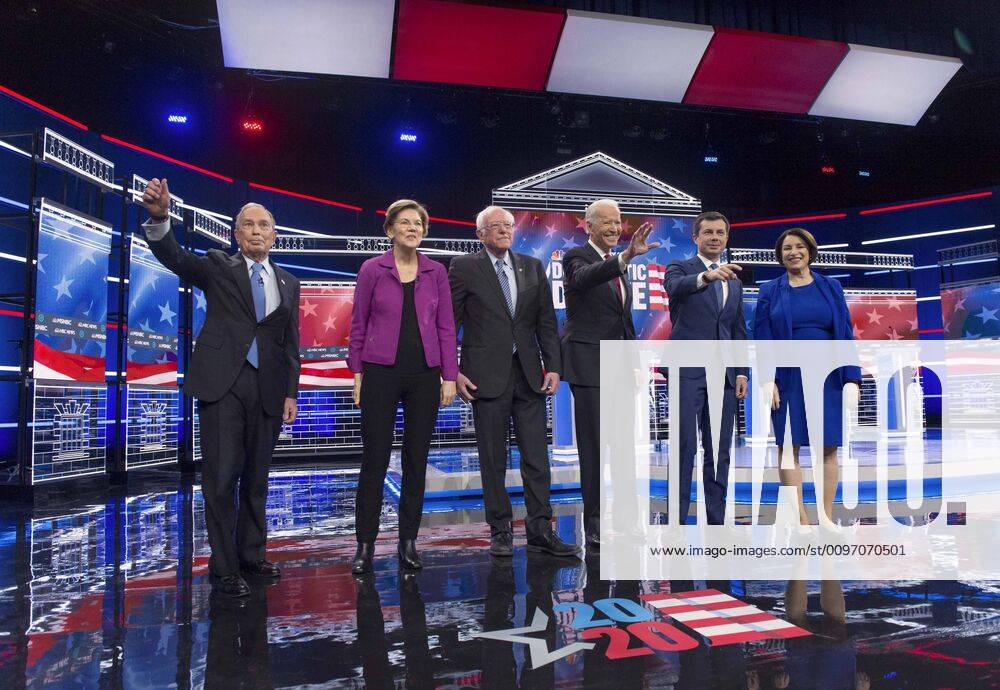From left, Democratic presidential candidates MICHAEL BLOOMBERG, ELIZABETH WARREN, BERNIE SANDERS, JOE BIDEN, PETE BUTTIGIEG and AMY KLOBUCHAR pose for photographers ahead of the NBC News & MSNBC Democratic Debate at Paris Las Vegas. Las Vegas USA - ZUMAce6_ 20200219_zaf_ce6_003