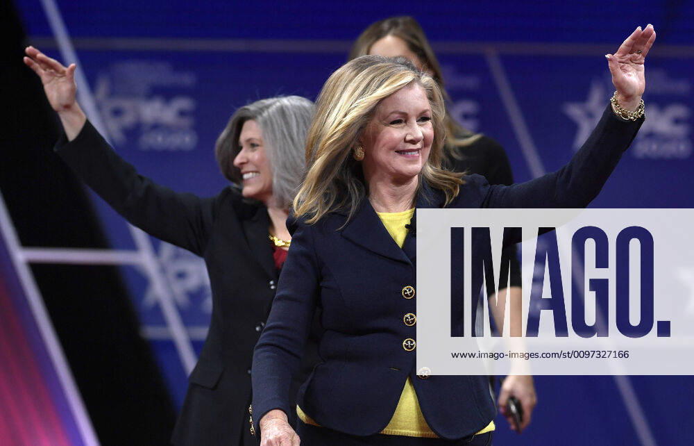 Sen. Marsha Blackburn of Tennessee and Sen. Joni Ernst of Iowa (L) greet guests as they arrive to address the Conservative Political Action Conference (CPAC), Thursday, February 27, 2020, in National Harbor, Maryland. Thousands of conservative activists, elected officials and pundits gathered to hear speakers on the theme America vs. Socialism . WAP20200227509 MIKExTHEILER