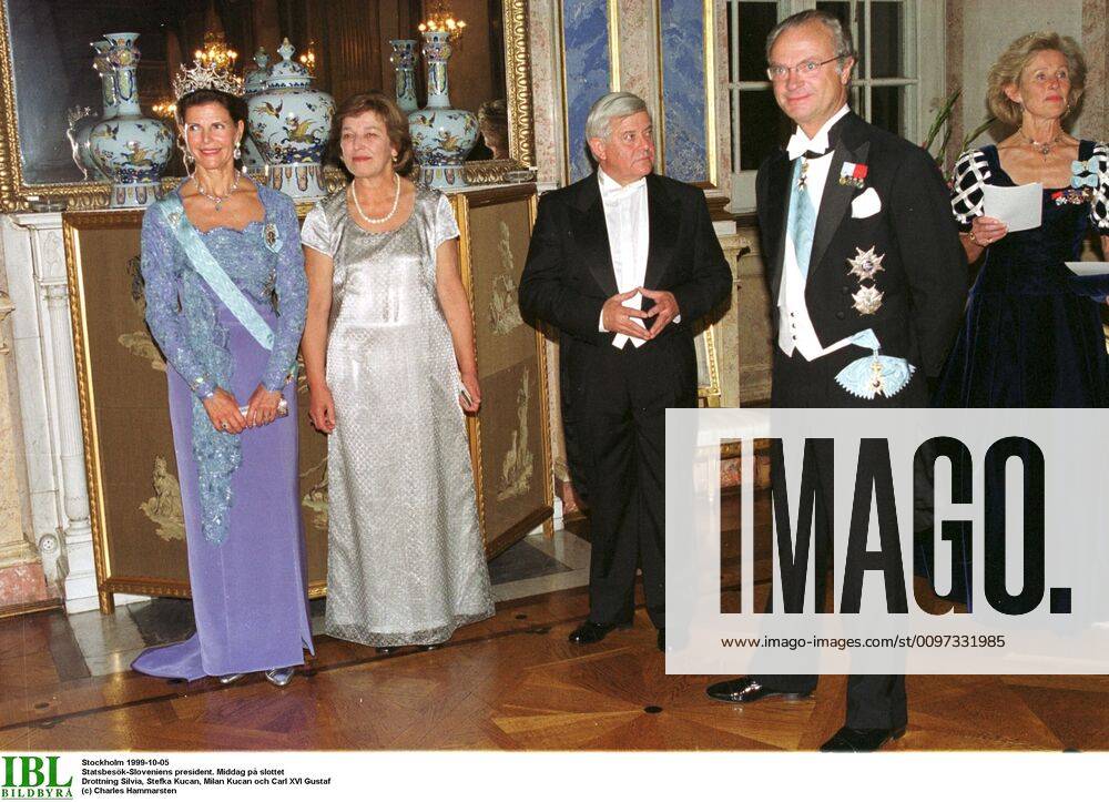 Queen Silvia, Stefka Kucan, Milan Kucan and Carl XVI Gustaf State visit from Slovenia, Dinner at the Royal Palace 1999 10 05 c Charles Hammarsten IBL royal house Sweden