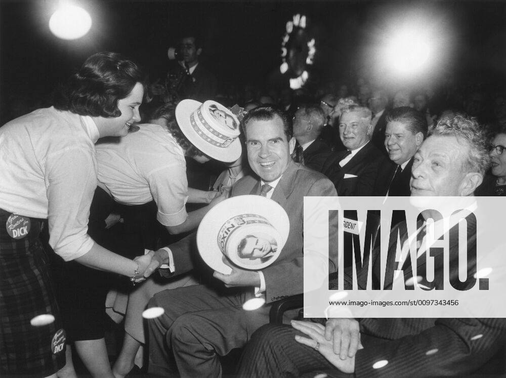 Richard Nixon at a Republican campaign event, April 4, 1960. At this time he was the presumed presidential nominee. At right is Senator Everett Dirksen. - (BSLOC_2014_16_14) For usage credit please use; PUBLICATIONXNOTxINxCANxCHNxFRAxITAxJPNxNORxPOLxRUSxESPxUKxUSA