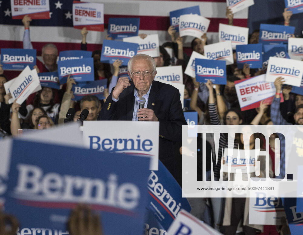 Democratic candidate Bernie Sanders speaks to an enthusiastic crowd at a Bernie Sanders for president rally in San Jose, California on Sunday, March 1, 2020. California votes on Tuesday, March 3, Super Tuesday. SXP2020030116 TERRYxSCHMITT