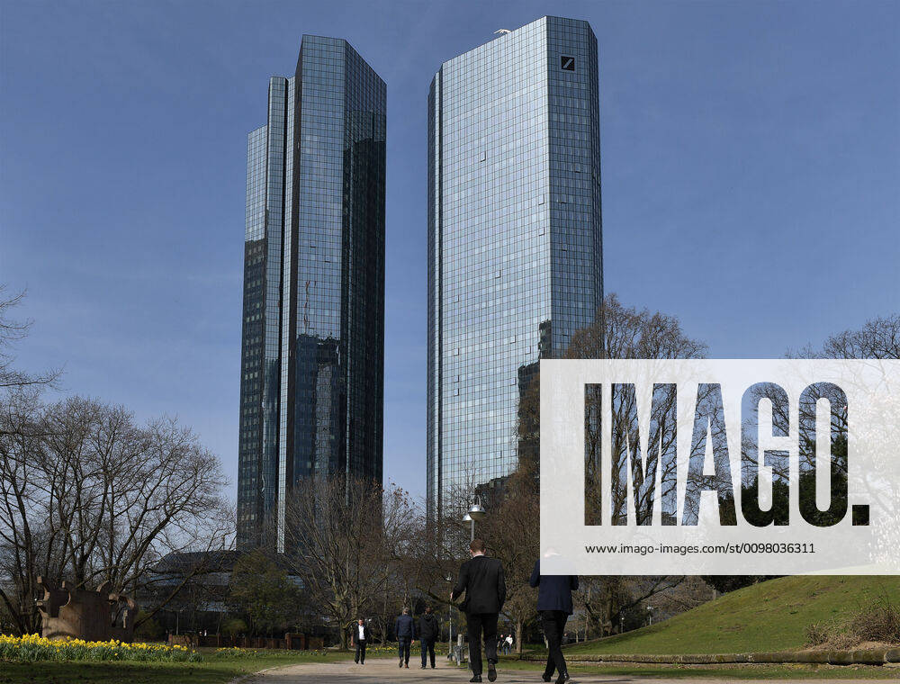 Towers of the Deutsche Bank headquarters in Frankfurt, twin towers high-rise, blue sky Frankfurt am Main