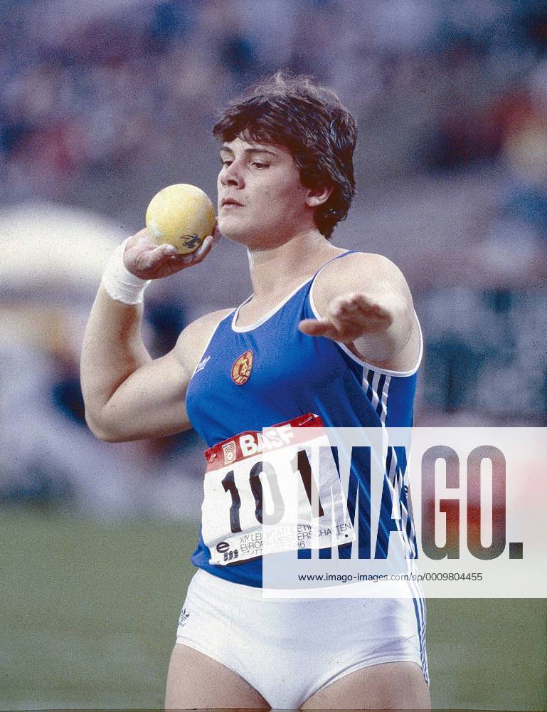Leichtathletik EM Europameisterschaft Stuttgart 1986 Heidi Krieger ( DDR ) beim Kugelstossen , Später dann OP zu Andreas Krieger {