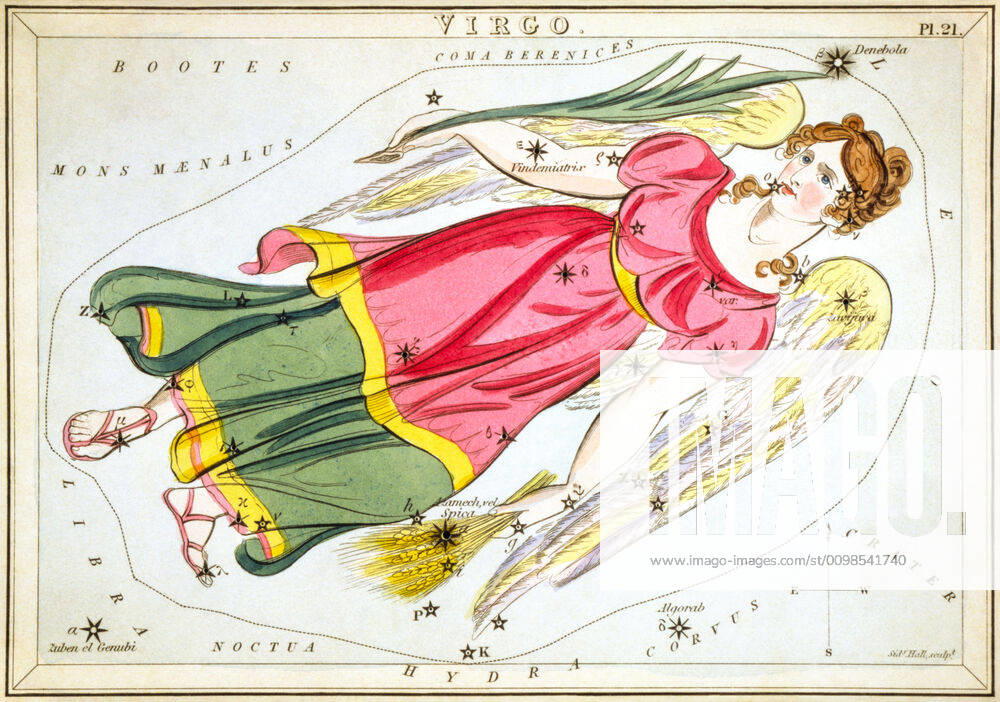 Uranias Mirror Virgo, Virgo, celestial map from the series Uranias Mirror, A View of the Heavens, engraved by Sidney Hall, first published in 1824
