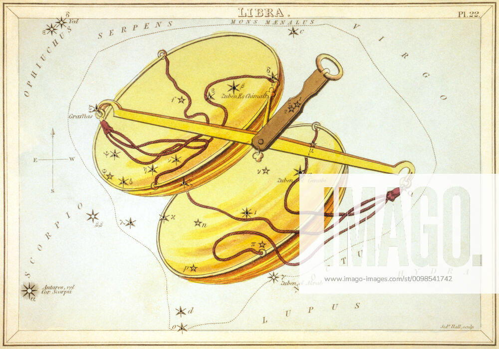 Uranias Mirror Libra, Libra, sky map from the series Uranias Mirror, A View of the Heavens, engraving by Sidney Hall, first published in 1824