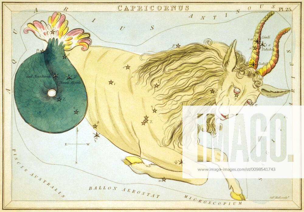 Uranias Mirror Capricornus, Capricorn, sky map from the series Uranias Mirror, A View of the Heavens, engraving by Sidney Hall, first published in 1824