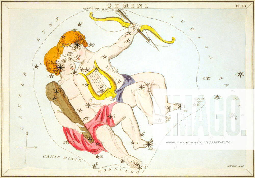 Uranias Mirror Gemini, twins, sky map from the series Uranias Mirror, A View of the Heavens, engraved by Sidney Hall, first published in 1824