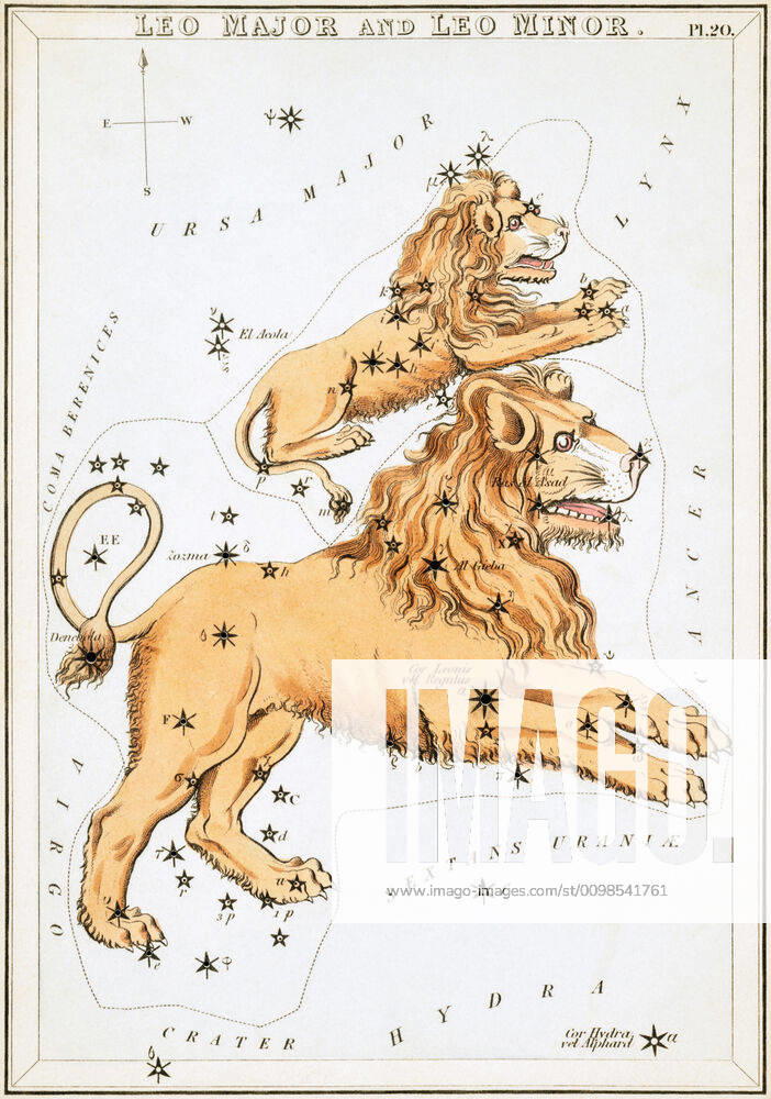 Uranias Mirror Leo Major and Leo Minor, Big Leo and Little Leo, sky map from the series Uranias Mirror, a view of the heavens, engraving by Sidney Hall, first published 1824
