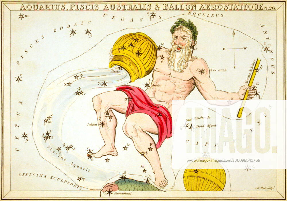 Uranias Mirror Aquarius, Pisces Australis And Ballon Aerostatique, Aquarius, Southern Fish and Balloon Aerostatique, sky map from the series Uranias Mirror, a view of the heavens, engraving from Sidney Hall, first published 1824