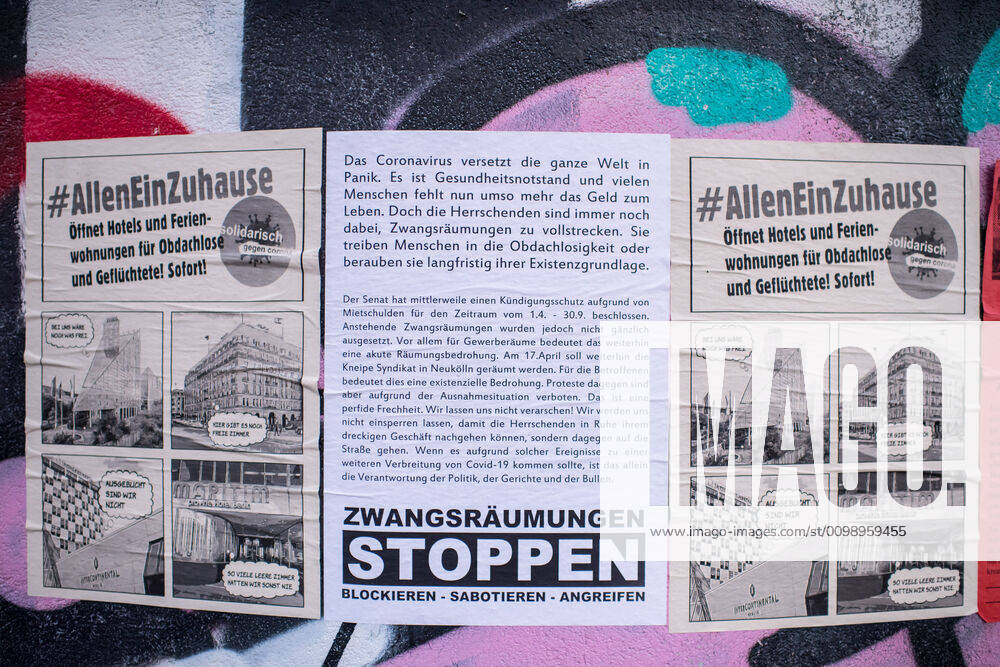 Health Corona Virus Impact Effects of the Corona Crisis In the picture posters in Berlin Kreuzberg against evictions and for the opening of hotels for homeless people during the corona crisis 2 4 2020, Berlin