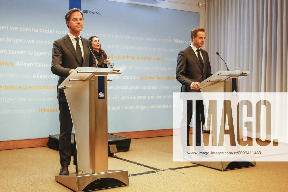 , Dutchnews,Press conference about the coronavirus in The Netherlands. Minister President minister Algemene Zaken Mark Rutte and Viceminister President en Minister van Volksgezondheid, Welzijn en Sport Hugo de Jonge. Translator Irma Sluis. Press conference about the coronavirus x7821471x