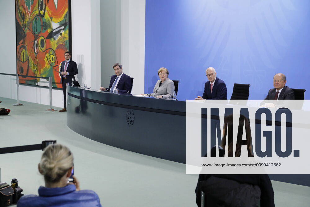 Markus Söder, Bavarian Prime Minister, Chancellor Angela Merkel, Peter Tschentscher, First Mayor of the Free and Hanseatic City of Hamburg, Olaf Scholz, Vice-Chancellor and Minister of Finance of the Federal Republic of Germany, Germany, Berlin, Federal Chancellery, Press conference by Chancellor Merkel following the discussion with the heads of government of the Länder in connection with the corona viru