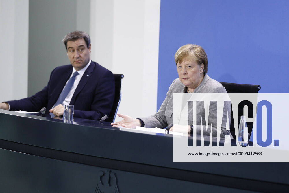 Markus Söder, Bavarian Prime Minister, Chancellor Angela Merkel, Germany, Berlin, Federal Chancellery, press conference by Chancellor Merkel following the discussion with the heads of government of the Länder in connection with the coronavirus