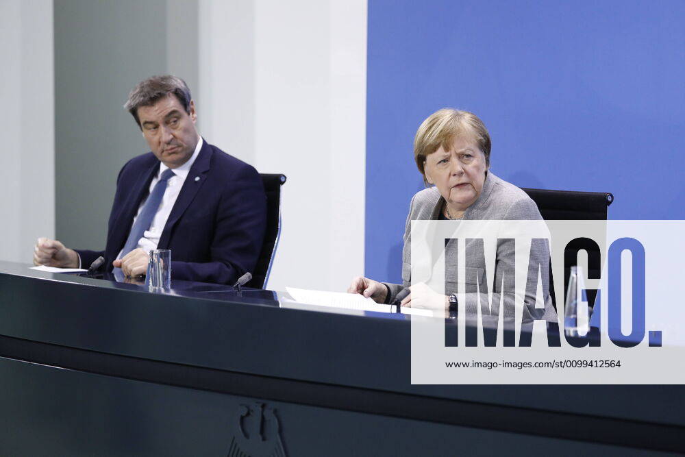 Markus Söder, Bavarian Prime Minister, Chancellor Angela Merkel, Germany, Berlin, Federal Chancellery, press conference by Chancellor Merkel following the discussion with the heads of government of the Länder in connection with the coronavirus