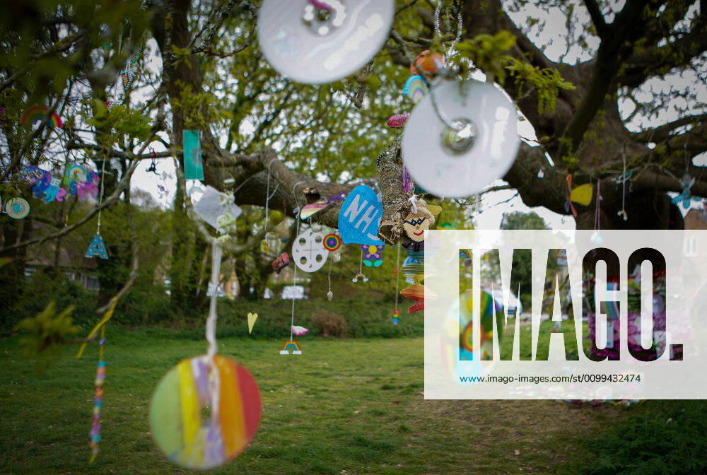 High Wycombe, UK. 16th April, 2020. A tree is decorated in positive messages & Thank You s to the NHS during the Covid-19 Pandemic as the UK Government advice to maintain social distancing and minimise time outside in High Wycombe on 16 April 2020.