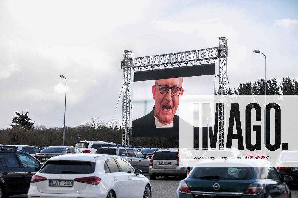 2020-04-17 Vilnius Lithuania. Drive-in cinema opens in Vilnius during quarantine. No more two people allowed in one car, it is forbidden to open car windows. Vilnius Lithuania
