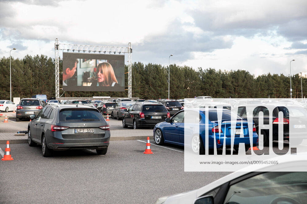 2020-04-17 Vilnius Lithuania. Drive-in cinema opens in Vilnius during quarantine. No more two people allowed in one car, it is forbidden to open car windows. Vilnius Lithuania