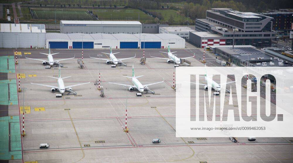 ROTTERDAM 18-04-2020, Rotterdam The Haque Airport from the air. A lot of Transavia planes parked at the platforms at Rotterdam Airport. Rotterdam The Haque Airport (RTHA) x7847607x