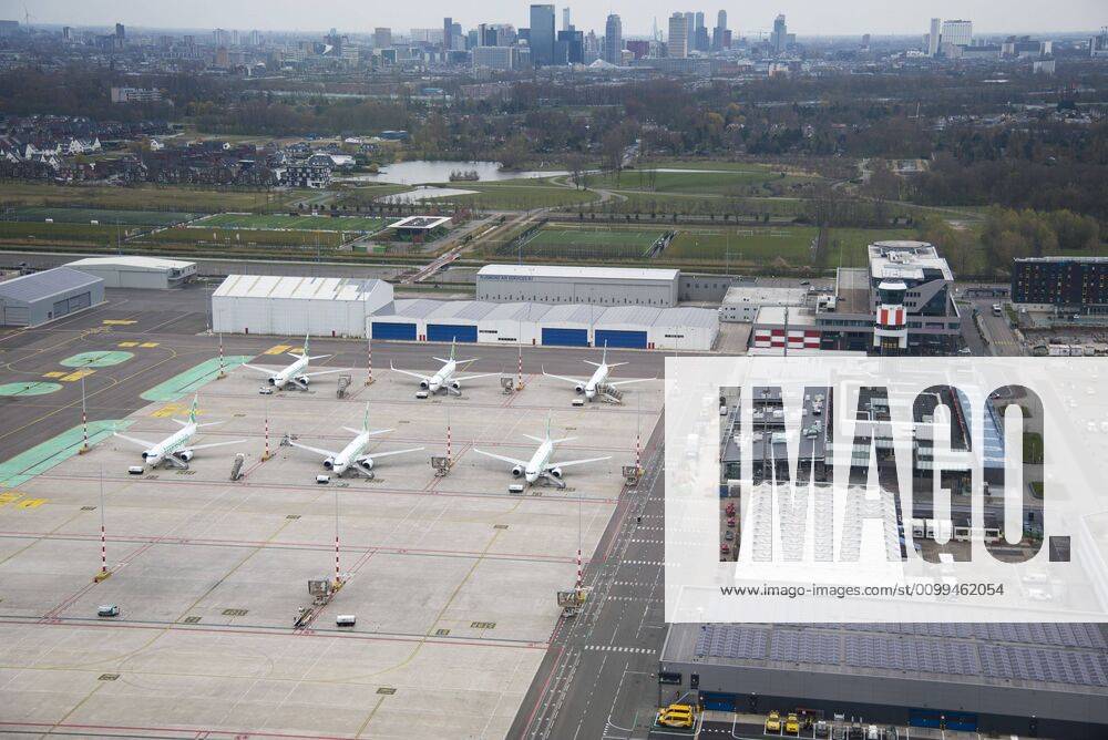 ROTTERDAM 18-04-2020, Rotterdam The Haque Airport from the air. A lot of Transavia planes parked at the platforms at Rotterdam Airport. Rotterdam The Haque Airport (RTHA) x7847609x