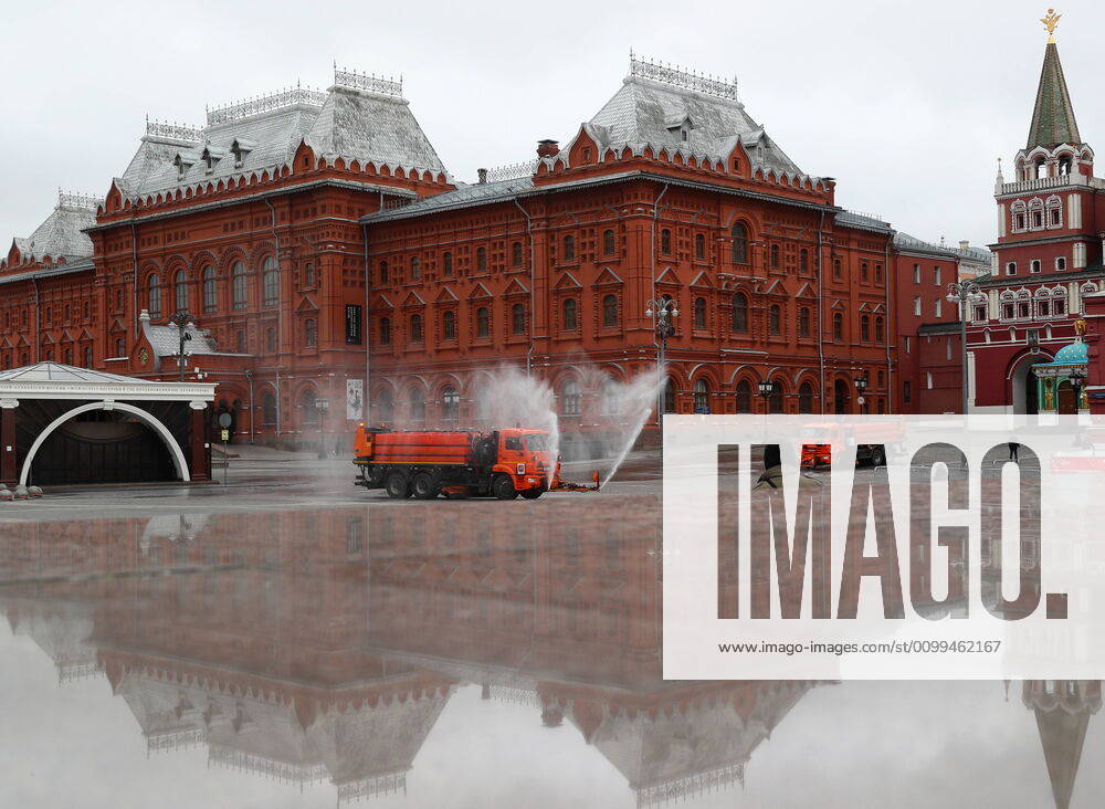 Utility machines disinfecting the pavement of Tverskaya Street with a special solution recommended by the Russian Federal Service for Surveillance on Consumer Rights Protection and Human Wellbeing (Rospotrebnadzor) amid the COVID-19 coronavirus pandemic. Alexander Shcherbak TASS TS0D62F9