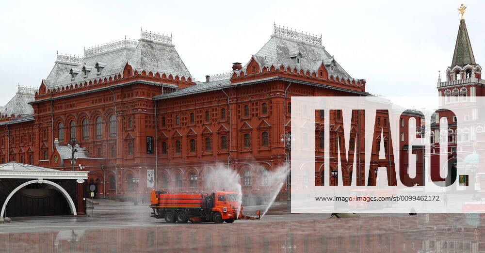 Utility machines disinfecting the pavement of Tverskaya Street with a special solution recommended by the Russian Federal Service for Surveillance on Consumer Rights Protection and Human Wellbeing (Rospotrebnadzor) amid the COVID-19 coronavirus pandemic. Alexander Shcherbak TASS TS0D62FA