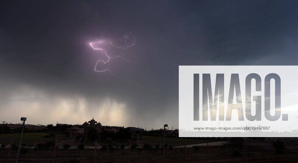 Heavy rain and lightening seen over Akshardham Temple during lockdown, on April 18, 2020 in New Delhi, India. (Photo by Raj K Raj Hindustan Times ) Heavy Rainfall In Delhi-NCR