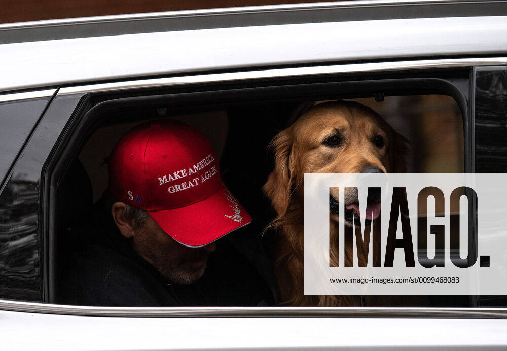 A man wears a Trump hat as he sits next to his dog during a vehicle during a protest to reopen Maryland and end the stay at home order imposed during the Coronavirus COVID-19 pandemic, near the state capitol building in Annapolis, Maryland on Saturday, April 18, 2020. Drivers circled Annapolis hoking their horns and calling for Gov. Larry Hogan (R-MD) to end the stay at home order. WAP20200418322 KEVINxDIETSCH