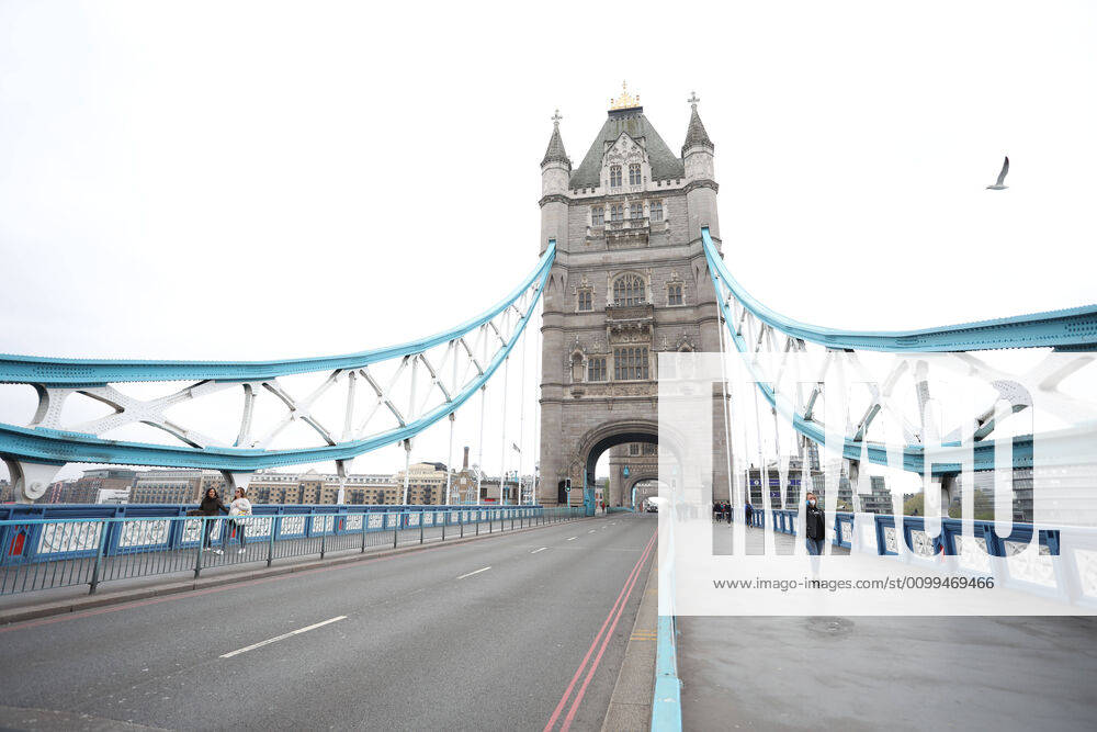 Day Twenty Six of Lockdown in London. A fairly quiet Tower Bridge, as the country is on lockdown due to the COVID-19 Coronavirus pandemic. People are not allowed to leave home except for minimal food shopping, medical treatment, exercise - once a day, and essential work. COVID-19 Coronavirus lockdown, London, UK, on April 18, 2020
