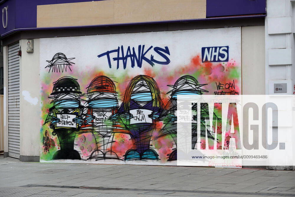 Day Twenty Six of Lockdown in London. A graffiti artwork in Oxford Street thanking the NHS as the country is on lockdown due to the COVID-19 Coronavirus pandemic. People are not allowed to leave home except for minimal food shopping, medical treatment, exercise - once a day, and essential work. COVID-19 Coronavirus lockdown, London, UK, on April 18, 2020