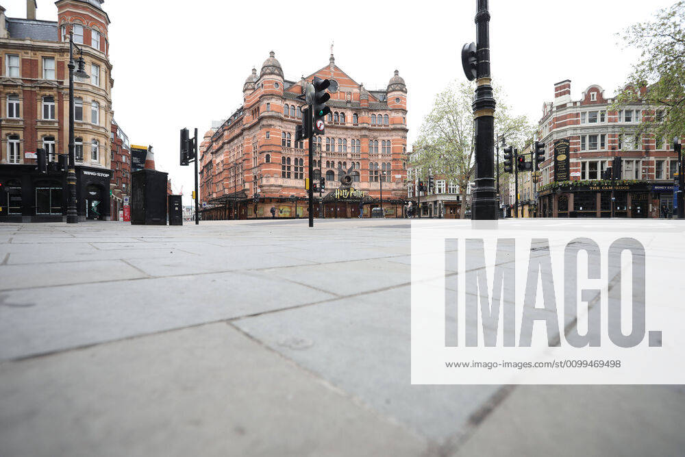 Day Twenty Six of Lockdown in London. The Palace Theatre, on Cambridge Circus, which should have been showing Harry Potter and The Cursed Child. The country is on lockdown due to the COVID-19 Coronavirus pandemic. People are not allowed to leave home except for minimal food shopping, medical treatment, exercise - once a day, and essential work. COVID-19 Coronavirus lockdown, London, UK, on April 18, 2020