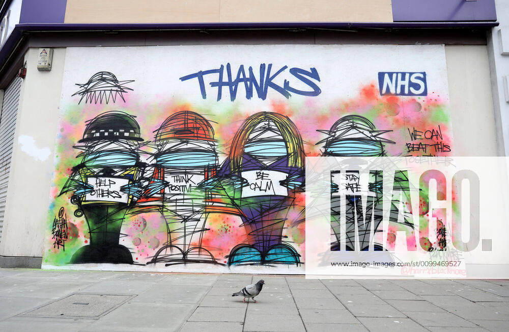 Day Twenty Six of Lockdown in London. A pigeon walks past a grafitti mural giving thanks to the NHS in a very quiet central London for a Saturday as the country is on lockdown due to the COVID-19 Coronavirus pandemic. People are not allowed to leave home except for minimal food shopping, medical treatment, exercise - once a day, and essential work. COVID-19 Coronavirus lockdown, London, UK, on April 18, 2020