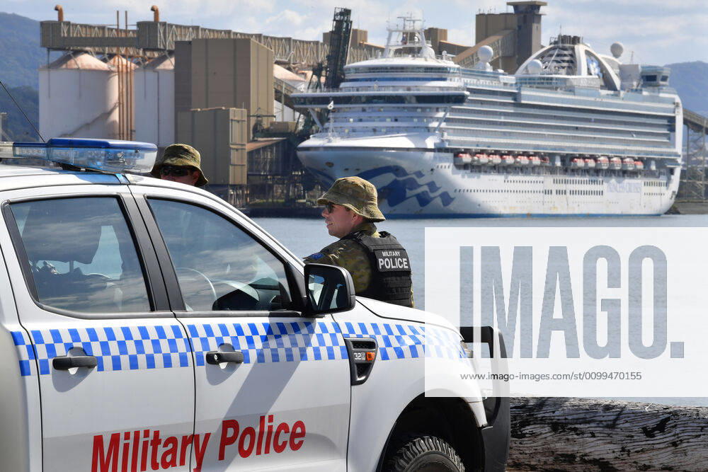 RUBY PRINCESS DEPARTURE, NSW Police and Australian Defence Force Military Police are seen in front of The Ruby Princess cruiseliner which remains docked at Port Kembla, Wollongong, Sunday, April 19, 2020. A criminal investigation has been launched into how cruise line operator Carnival Australia was allowed to disembark Ruby Princess passengers in Sydney, resulting in several deaths and COVID-19 outbreaks throughout the country. The Ruby Princess was due to depart Port Kembla today. ( NO ARCHIVING, , NO USE IN BOOKS WITHOUT CONSENT WOLLONGONG NSW AUSTRALIA
