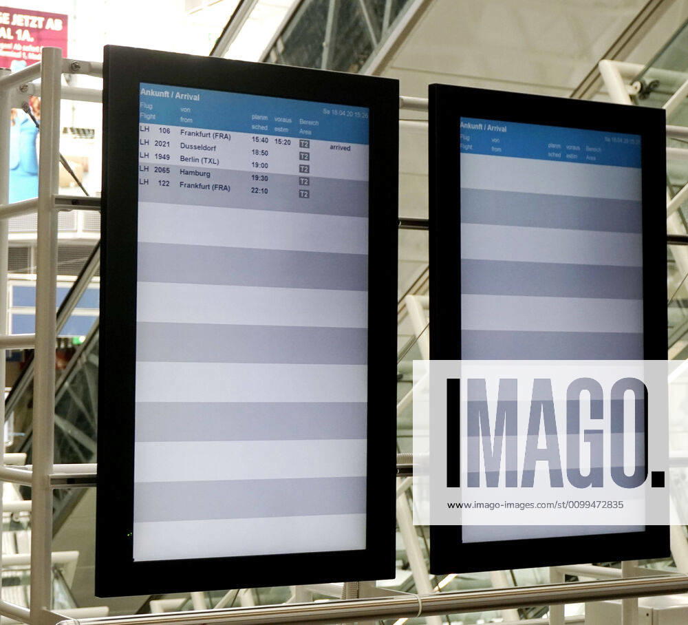 The Bavarian capital Munich in times of corona crisis Munich Airport on a Saturday afternoon, instead of thousands of passengers and holidaymakers the airport is now deserted The display board for departures is almost completely empty, only 2 planes are still taking off this afternoon 19 04 2020, Bavarian capital Munich in times of corona 19 04 2020, Bavarian capital Munich in time