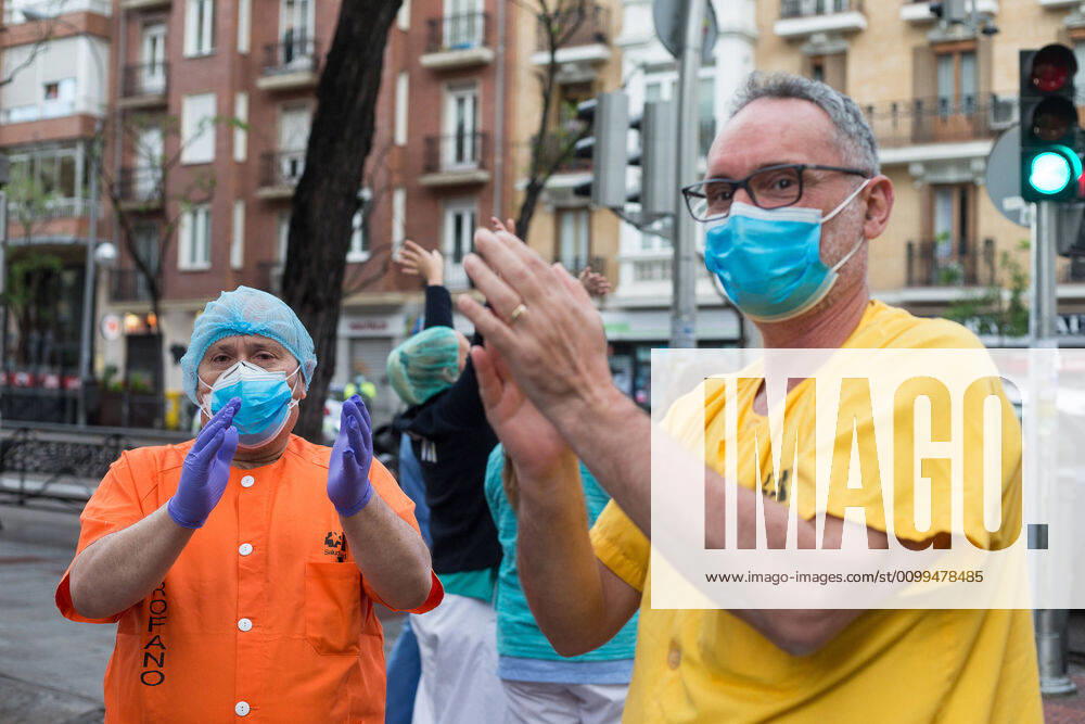 Several health workers appreciate the support during the tribute to the health workers at the Hospital de la Princesa during the Covid-19 pandemic on April 19, 2020 in Madrid, Spain Madrid SPAIN - ZUMAa181 20200419_zaa_a181_074
