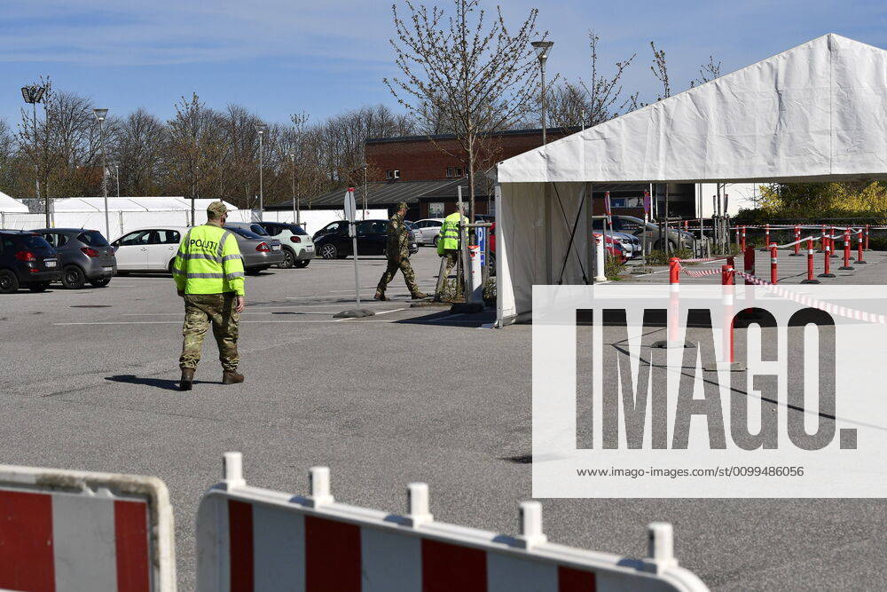 Authorities are setting up COVID 19 test centers in tents at Vejlby Risskov Hall in Aarhus, Monday April 20, 2020, Aarhus Denmark,
