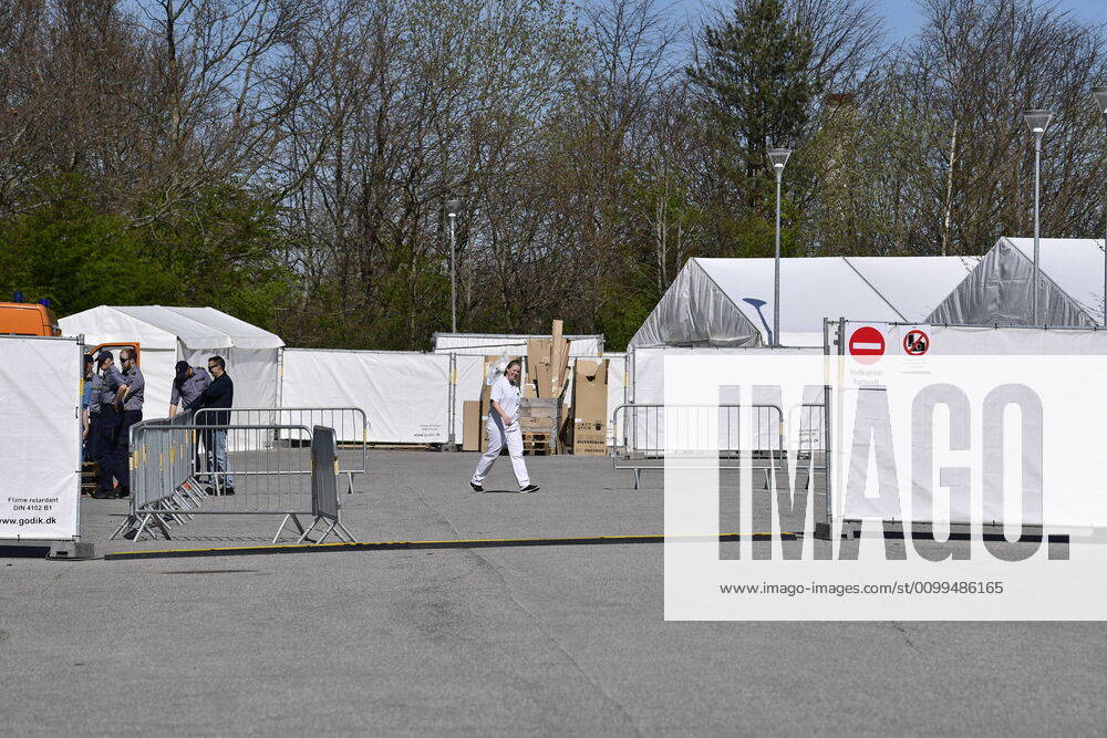 Authorities are setting up COVID 19 test centers in tents at Vejlby Risskov Hall in Aarhus, Monday April 20, 2020, Aarhus Denmark,
