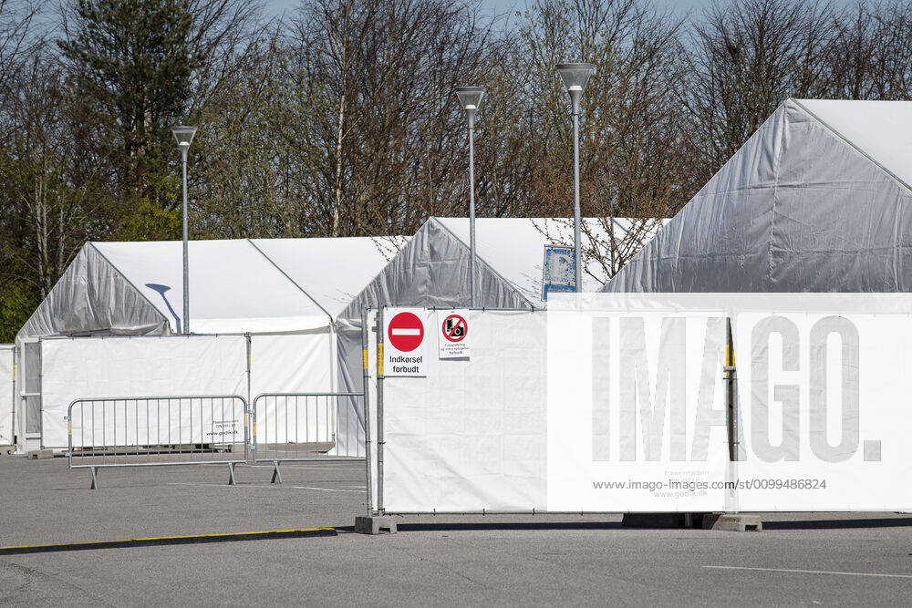 Authorities are setting up COVID 19 test centers in tents at Vejlby Risskov Hall in Aarhus, Monday April 20, 2020, Aarhus Denmark,