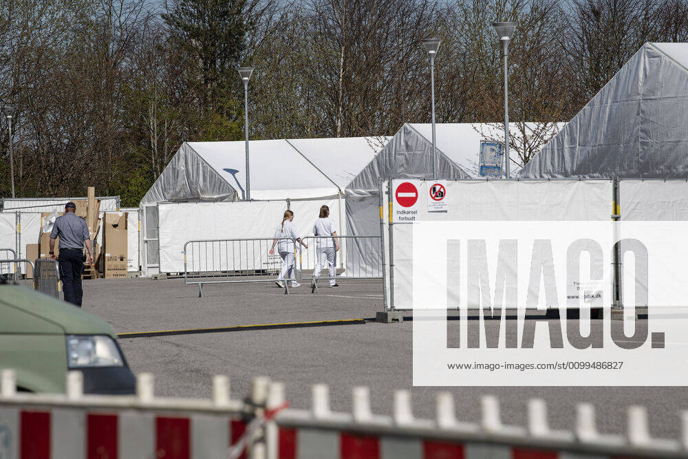 Authorities are setting up COVID 19 test centers in tents at Vejlby Risskov Hall in Aarhus, Monday April 20, 2020, Aarhus Denmark,