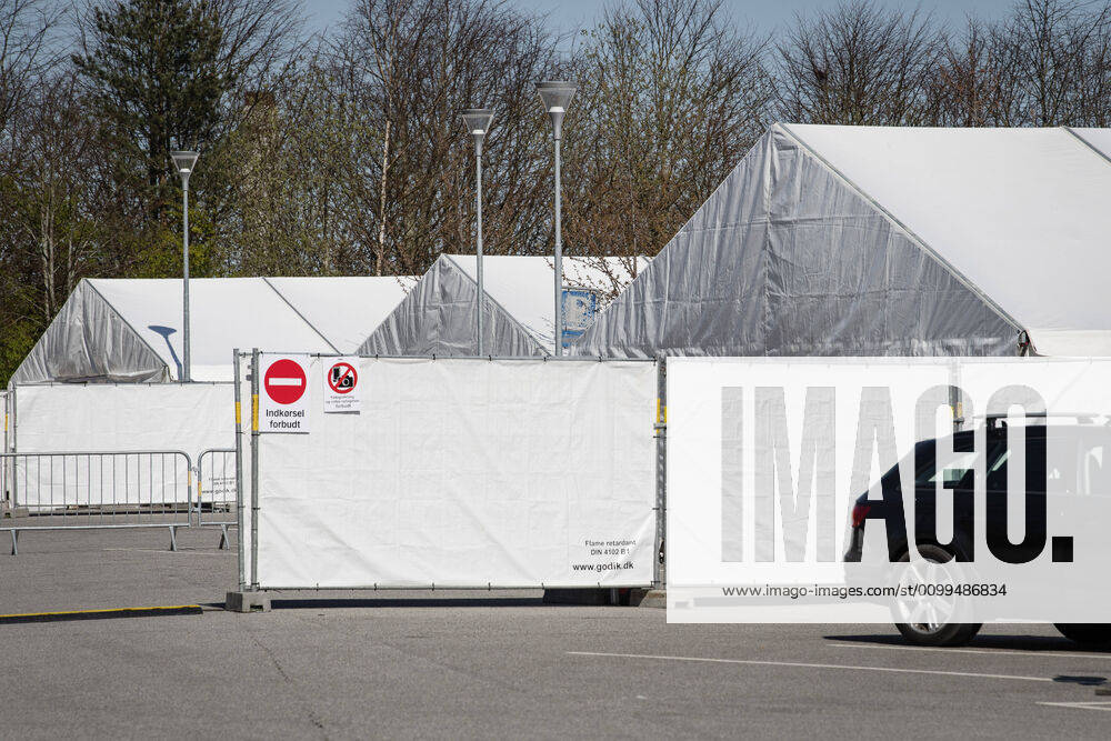 Authorities are setting up COVID 19 test centers in tents at Vejlby Risskov Hall in Aarhus, Monday April 20, 2020, Aarhus Denmark,