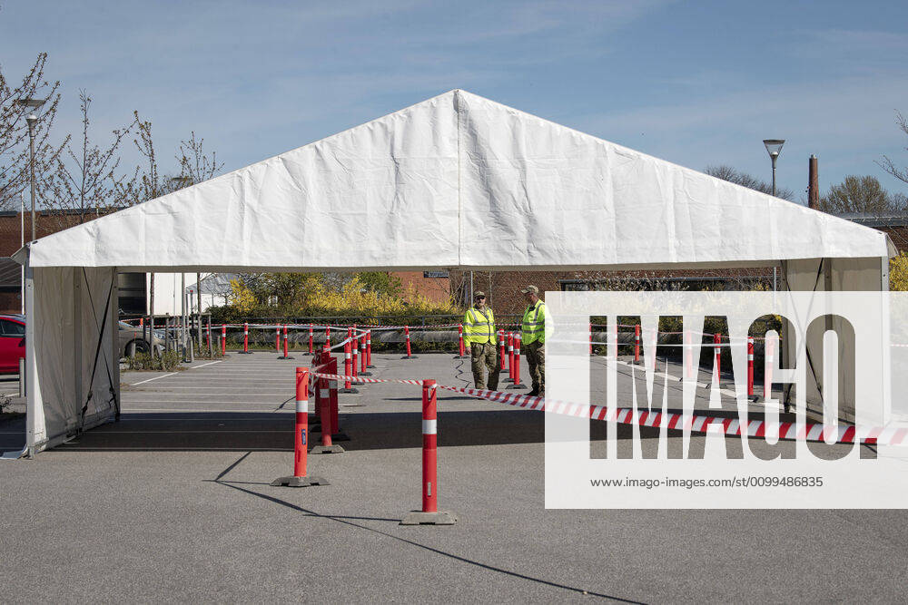 Authorities are setting up COVID 19 test centers in tents at Vejlby Risskov Hall in Aarhus, Monday April 20, 2020, Aarhus Denmark,